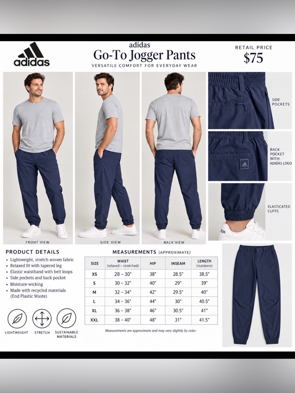 adidas Men's Navy Go-To Golf / Commuter Joggers, Size L